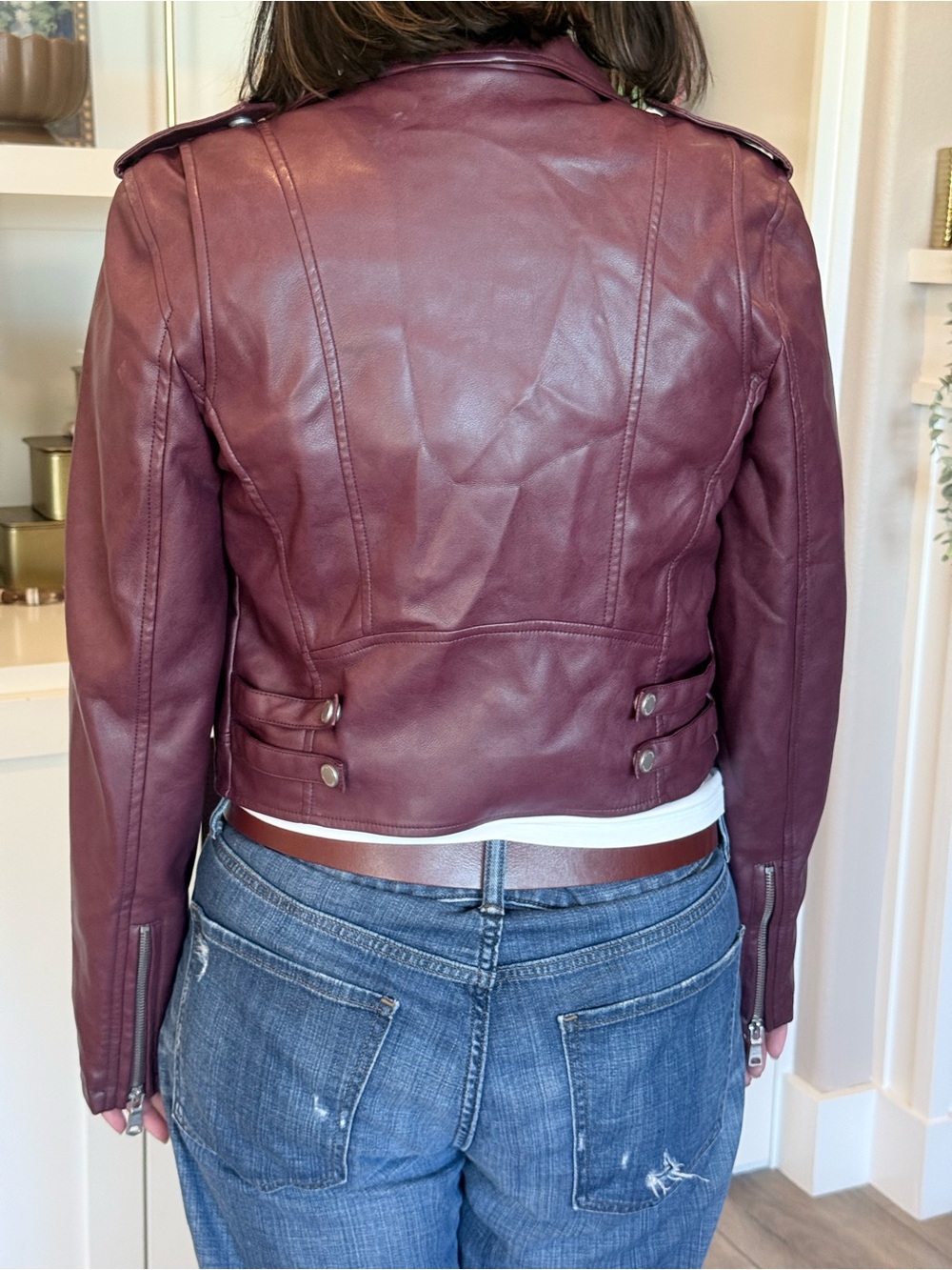 Women's Burgundy Pleather Moto Jacket - Picture 3 of 5